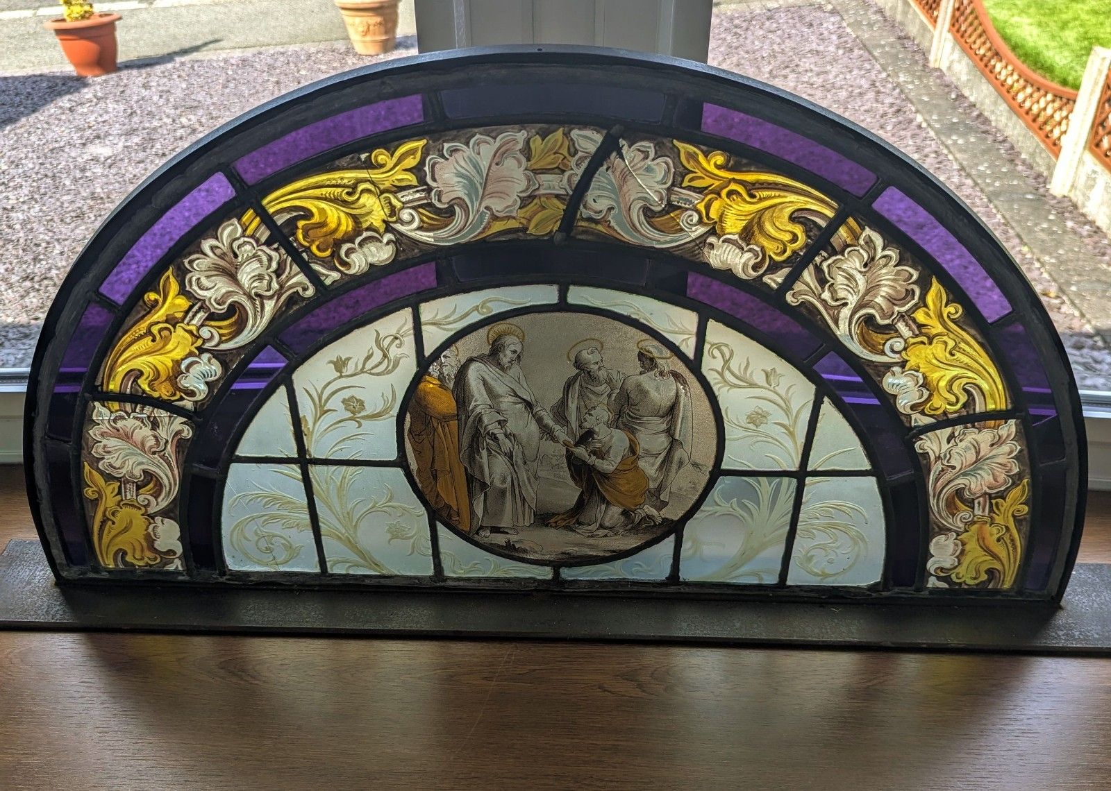 Beautiful 19th C Religious Hand Painted Stained Glass Steel Stand Delivery Available 0110. photo Art
