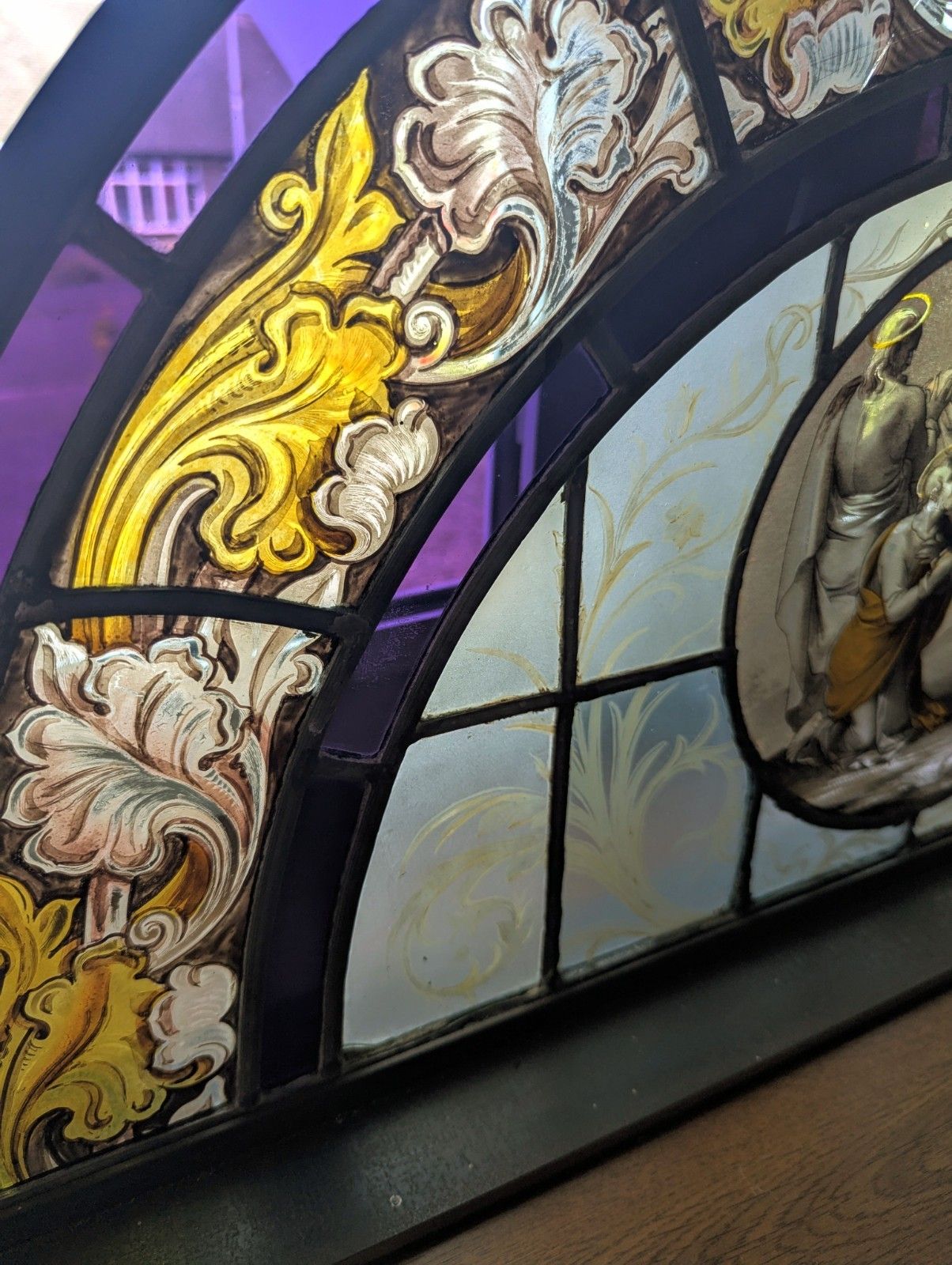 Beautiful 19th C Religious Hand Painted Stained Glass Steel Stand Delivery Available 0110. photo buy