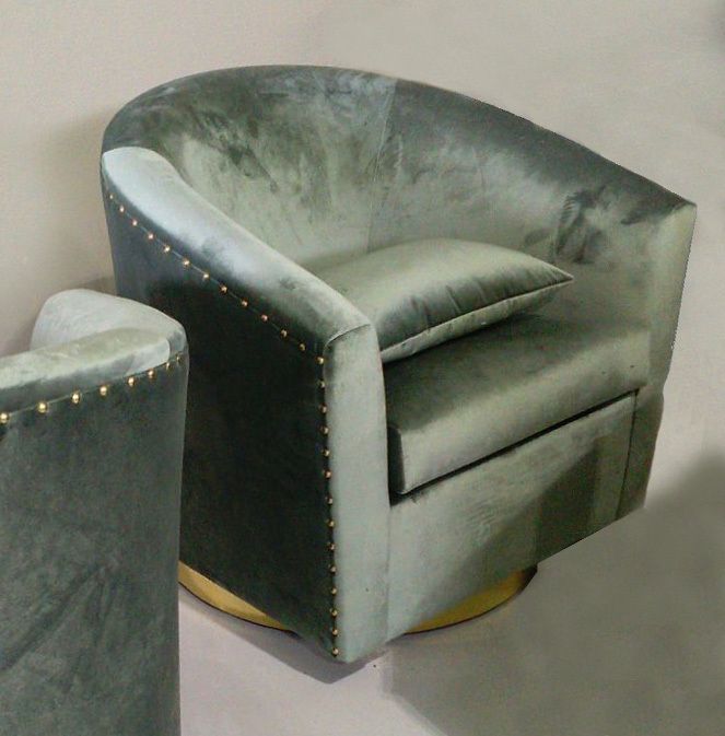 Pair Of Brabbu Earth Armchairs X 2 Green Aqua Velvet Brass Swivel Base