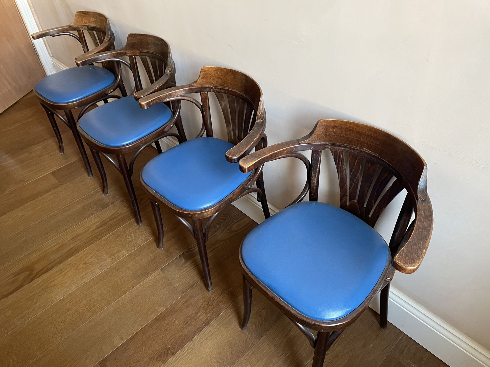 1970's French Fan Back Upholstered Bentwood Dining Arm Chair (Set Of 4) photo 450.0