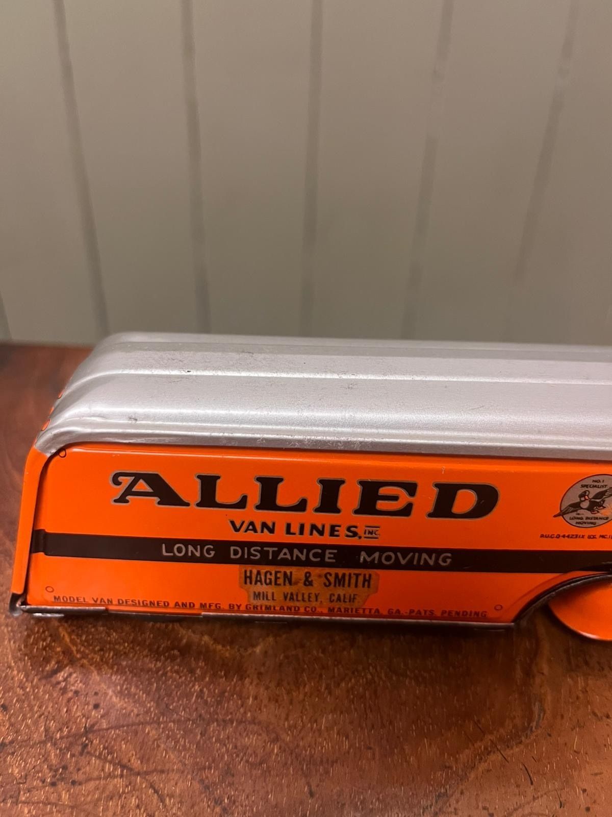 photo vintage 1930's American Grimland Co Tin Litho Allied Moving Van Lines Truck W/ Box