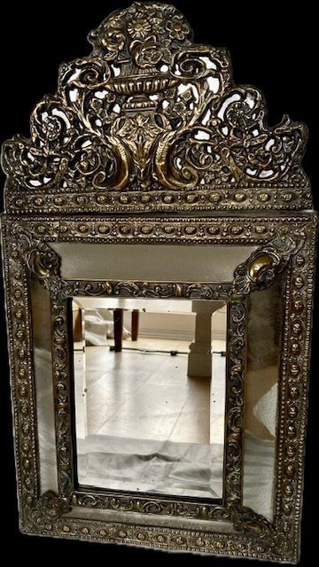 19th Century French Napoleon III Brass Pierced Repousse Cushionmirror