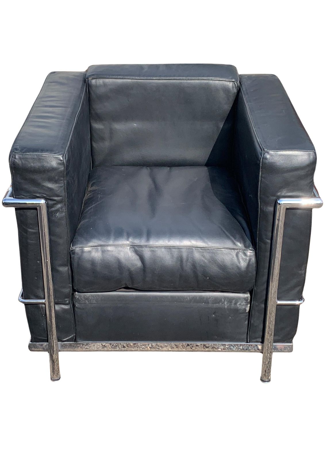 Le Corbusier Lc2 Black Leather Armchair With Tubular Chrome Shaped Frames No Branding Made In Italy photo for sale