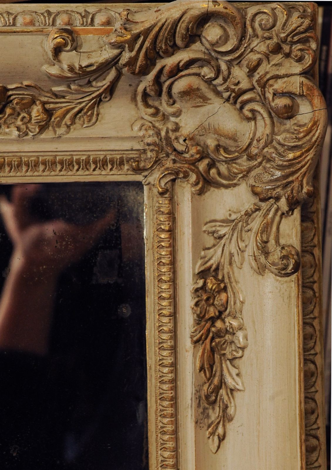 Beautiful 19th Century Cream French Painted Decorative Rectangular Wall Mirror With Decorative Gilt Gesso Florals And Foliage Detailing photo furniture