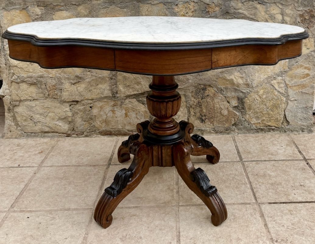 Old Walnut And Marble Pedestal Table Italian Louis Philippe From The Mid 19th Century With Two Drawers photo vinterior