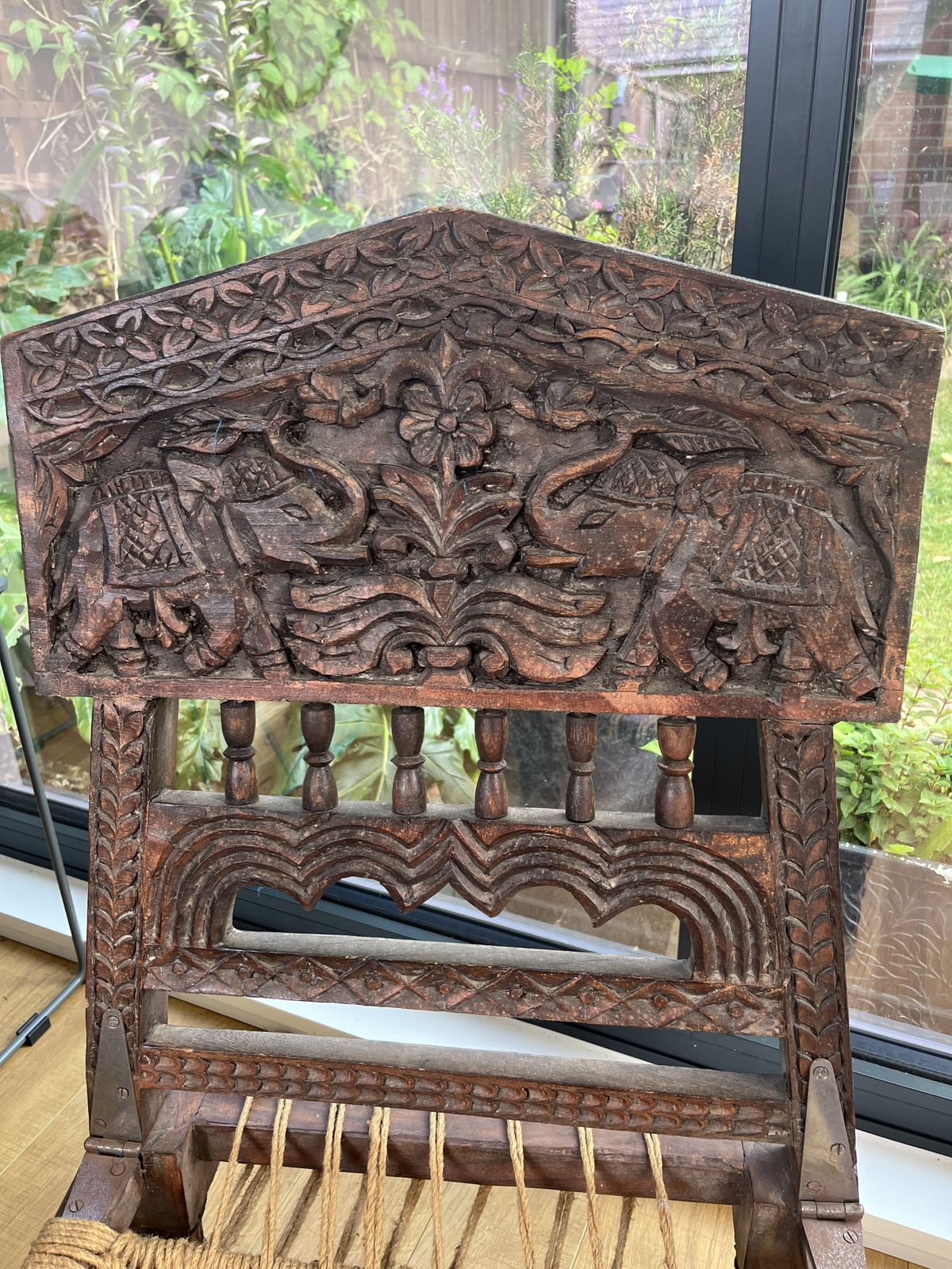 Indian Hand Carved Folding Chair With Carved Elephants And Decorative Flowers photo furniture