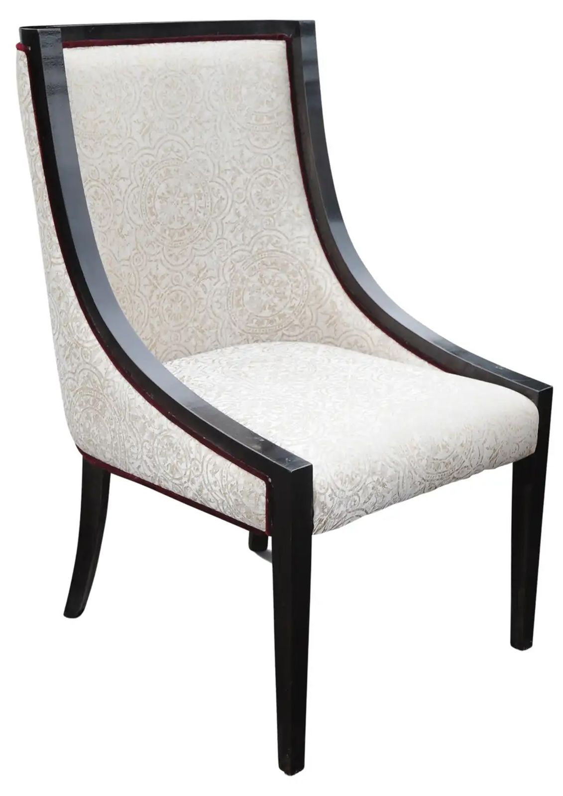 Empire Revival Gondola Dining Chair Finished With An Ebonised Frame, Grey Damask Upholstery & Red Velour Piping Seven Chairs In Stock