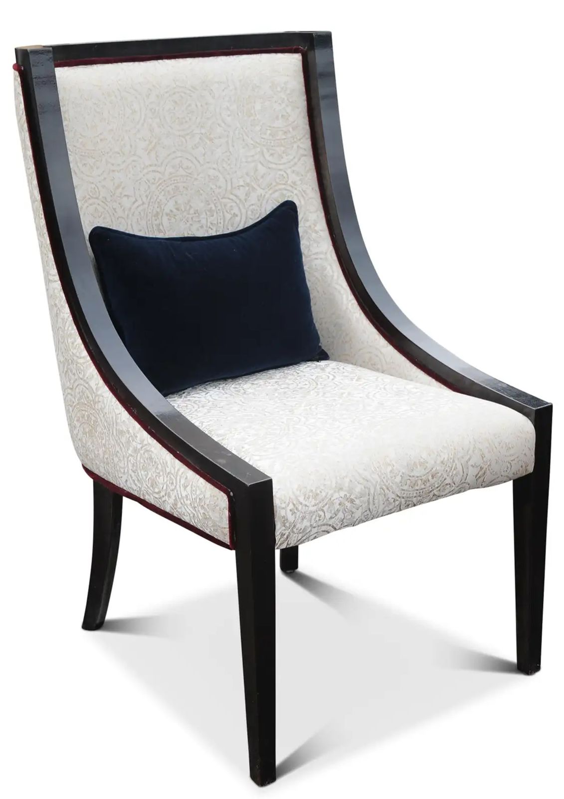Empire Revival Gondola Dining Chair Finished With An Ebonised Frame, Grey Damask Upholstery & Red Velour Piping Seven Chairs In Stock photo furniture