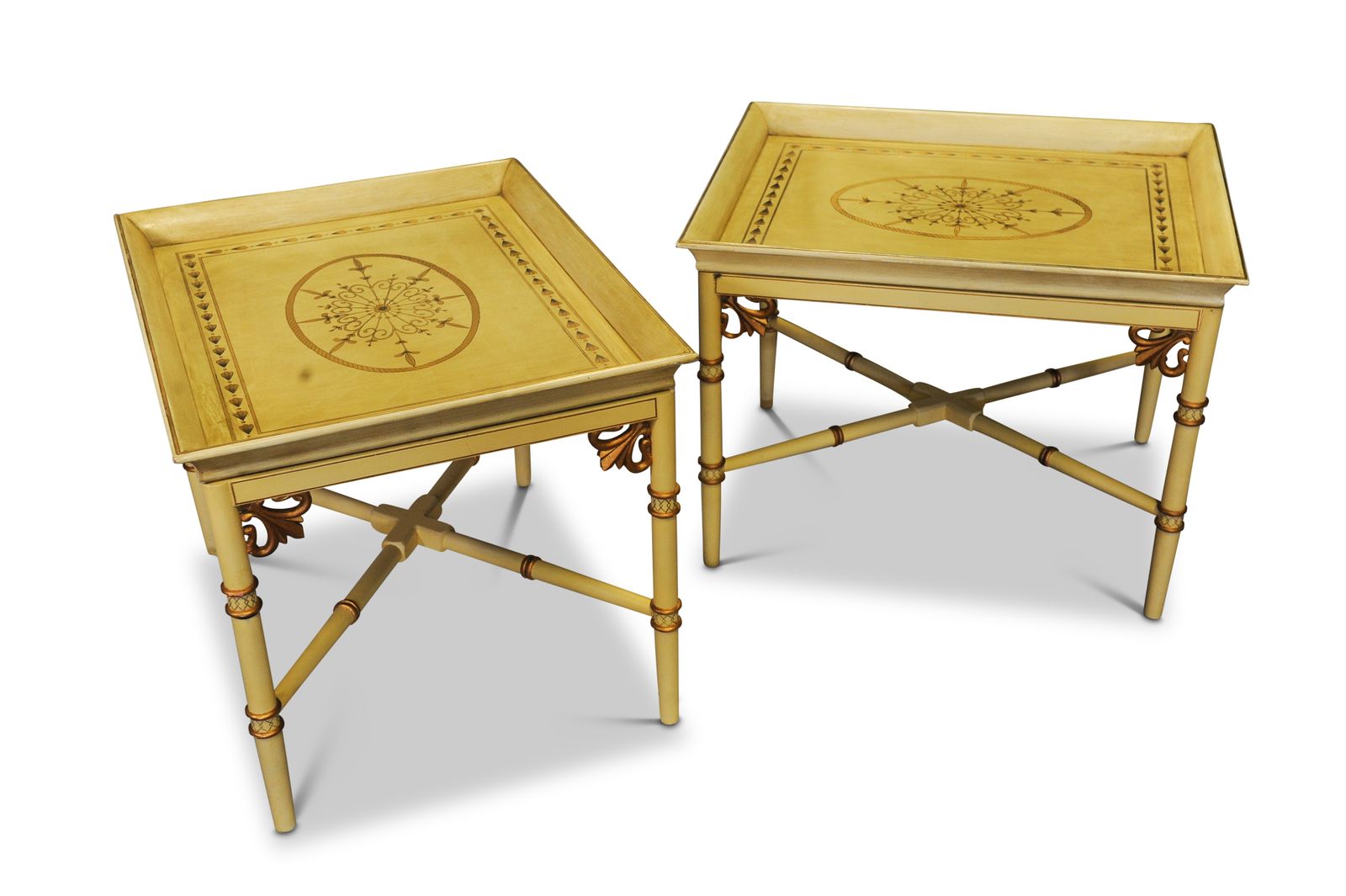 A Pair Of Julian Chichester Faux Bamboo Tray Top Side Tables On X Frame Bases Designed In The Style Of Thomas Chippendale, With A Hint Of Campaign photo vinterior