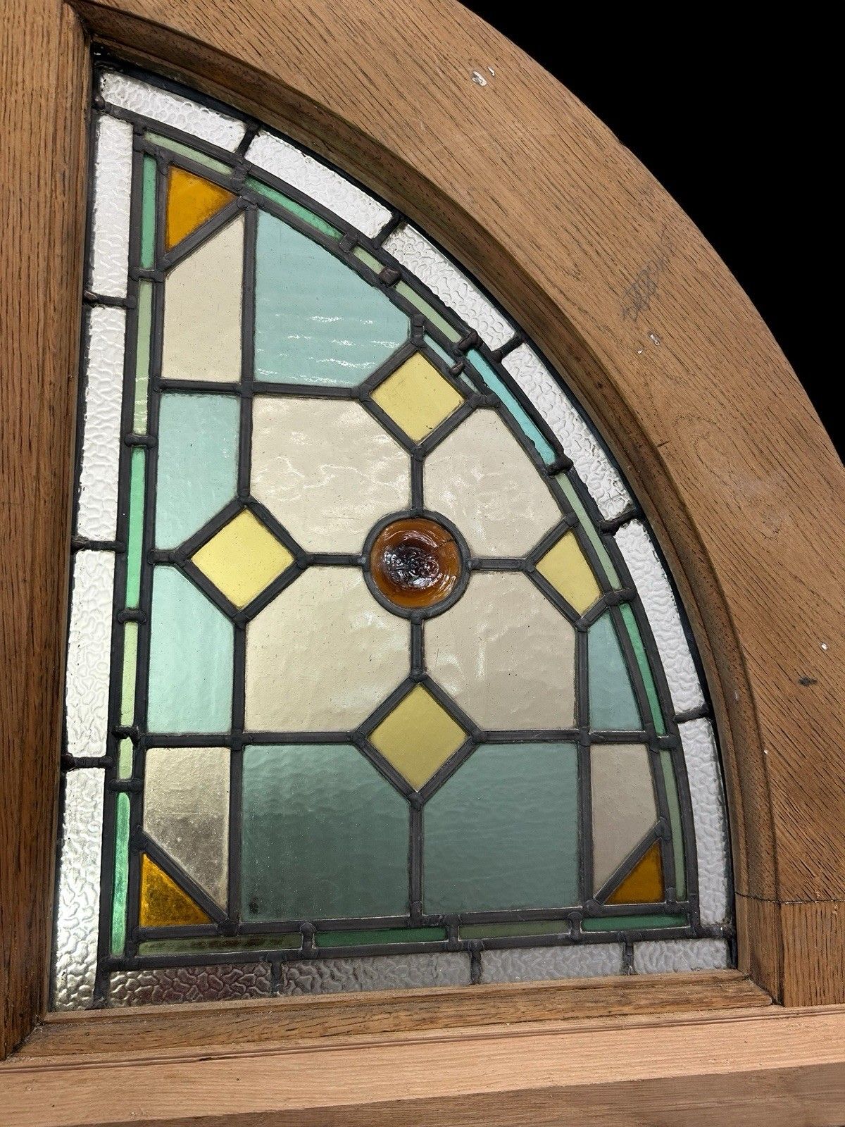 Antique Stained Glass Window Panel Solid Oak Reclaimed Period Old Arched Leaded photo Art