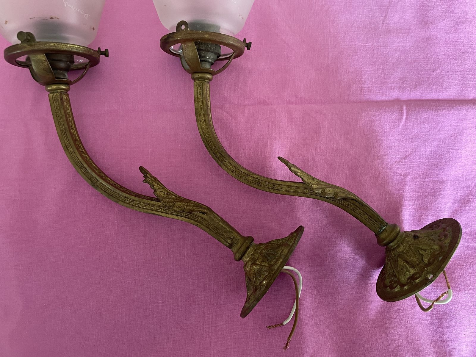 Pair Of Brass Wall Light Fittings With 'Greek Key & Leaf' Decoration photo furniture