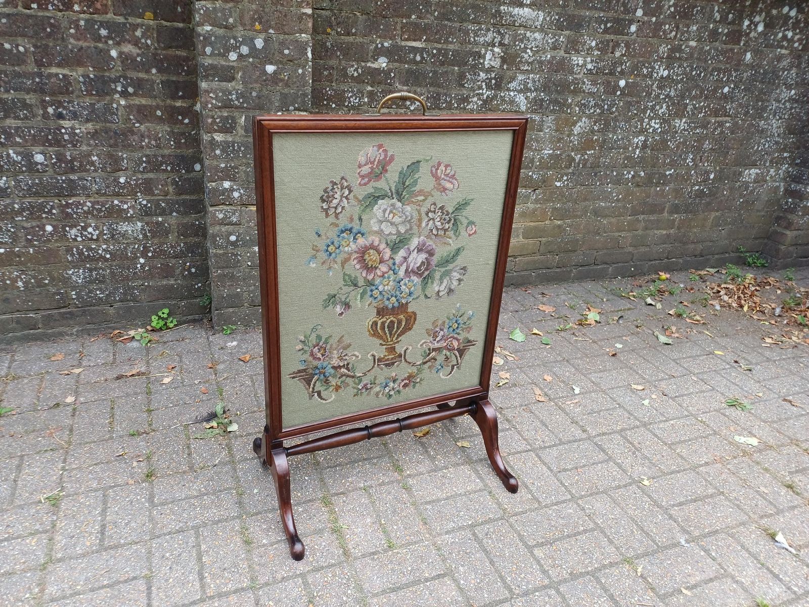 Massive Antique Victorian Mahogany Pole Fire Screen With Floral Needlepoint Panel – Still Life Embroidery Sturdy Vgc photo 475.0