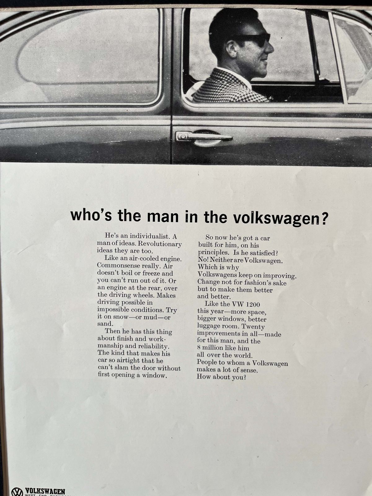 Vintage Vw Volkswagen Advertising Print “Who’s The Man In The Volkswagen?”  1960s photo for sale