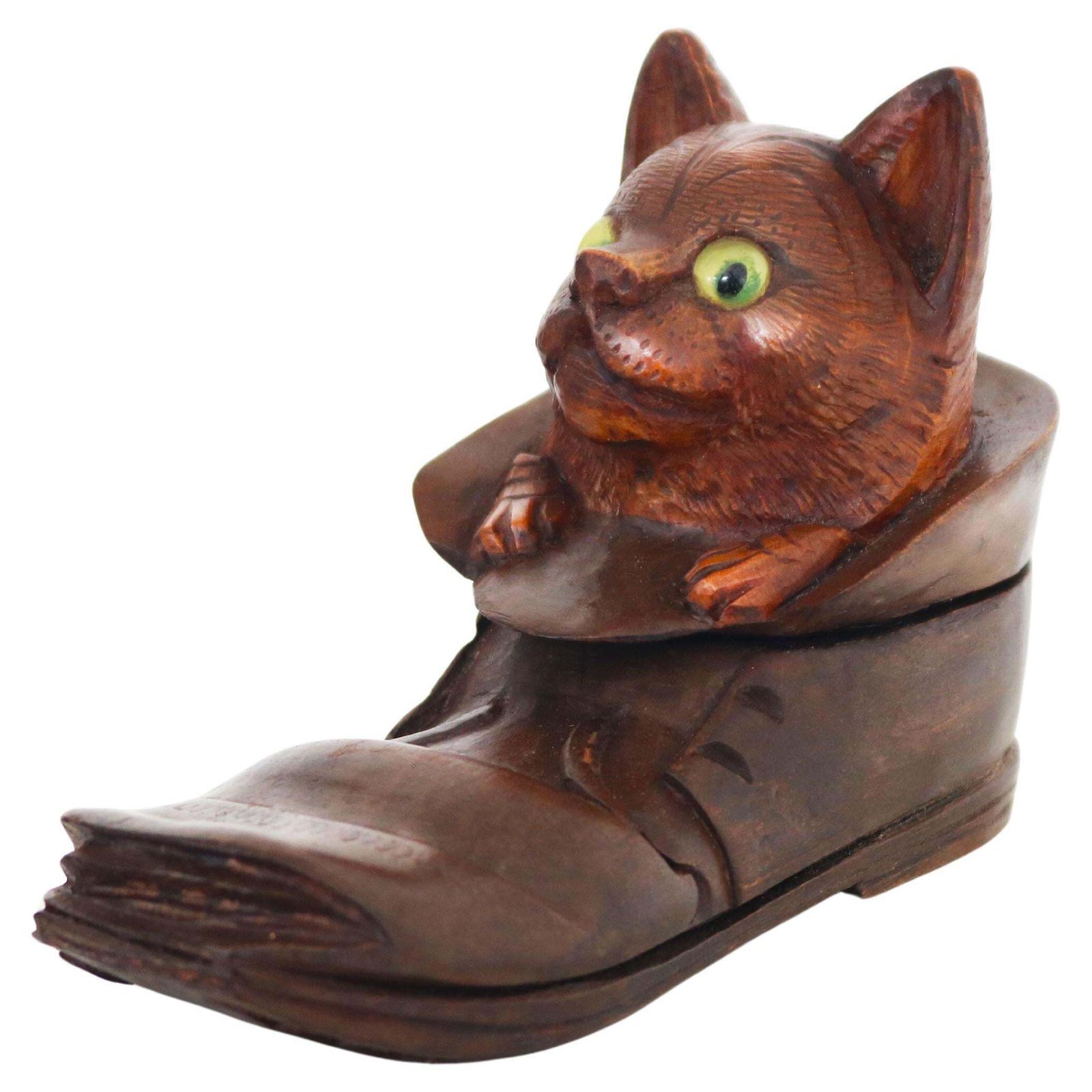Black Forest Inkwell Cat In Boot Swiss Antique 19th Century Hand Carved Glass
