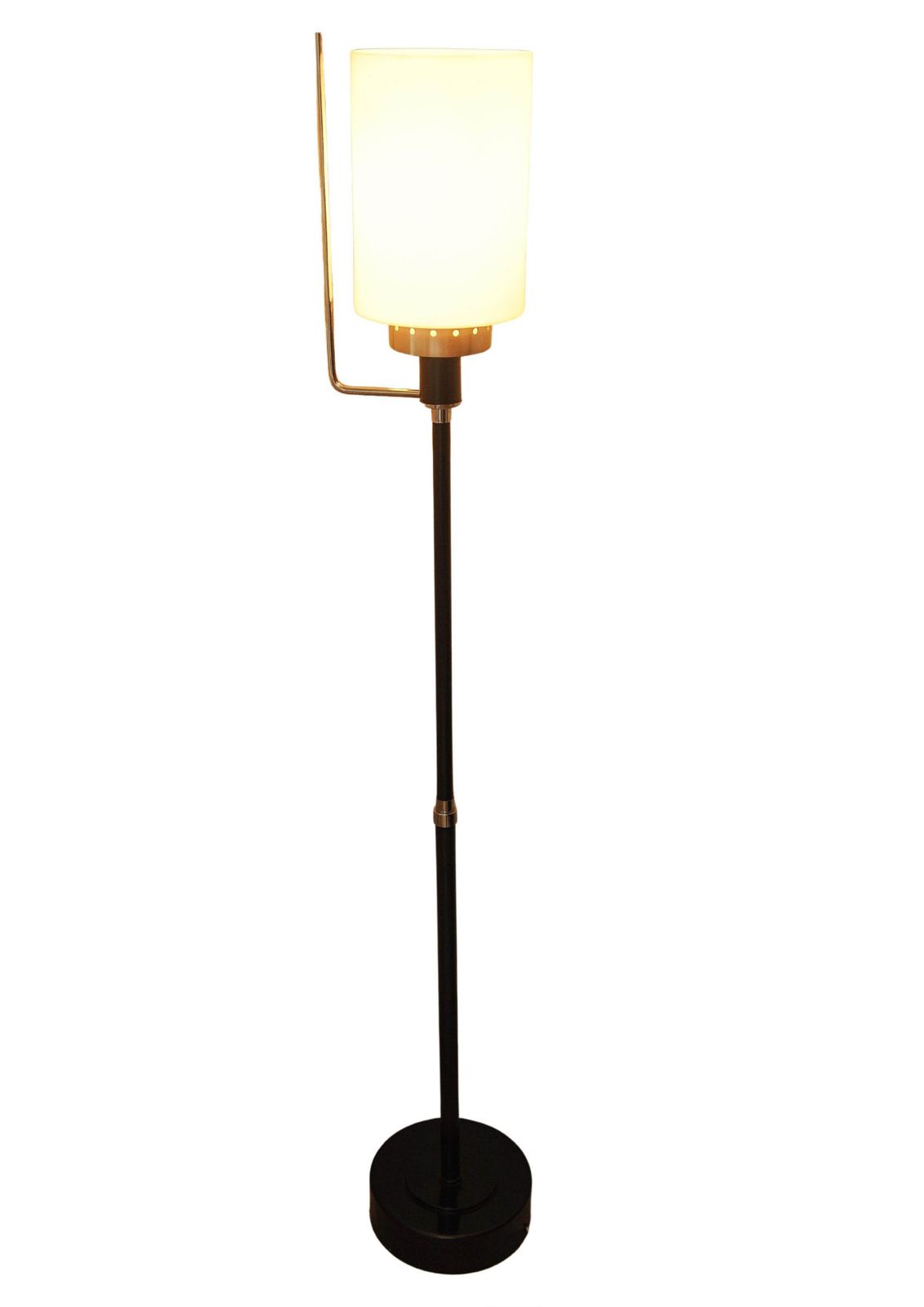 An Innovative Designed Brushed Aluminium & Steel Floor Lamp With A Cylindrical Milk Glass Shade. Perfect For A Lounge Or Office Setting photo vinterior