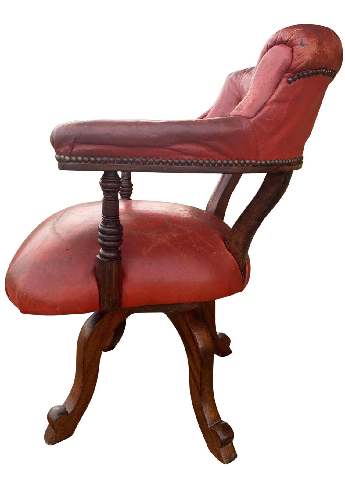Victorian Mahogany & Red Leather Ecclesiastical Button Back Revolving Desk Chair With Stud Detailing & Iron Swivel Base photo vintage