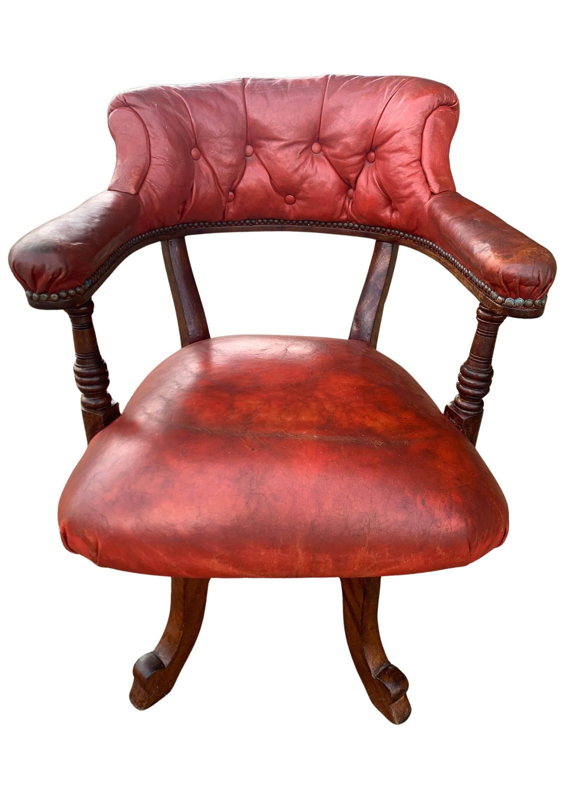 Victorian Mahogany & Red Leather Ecclesiastical Button Back Revolving Desk Chair With Stud Detailing & Iron Swivel Base photo for sale