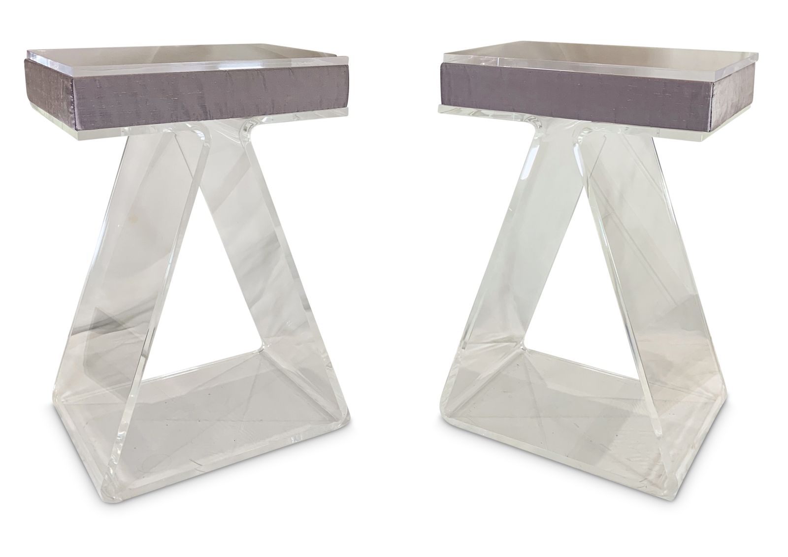 A Bespoke Pair Of Lucite Bedroom Pedestal Tables Each Fitted With A Shot Silk Purple Interior   In The Style Of The Lucite Z Table By John Mascheroni