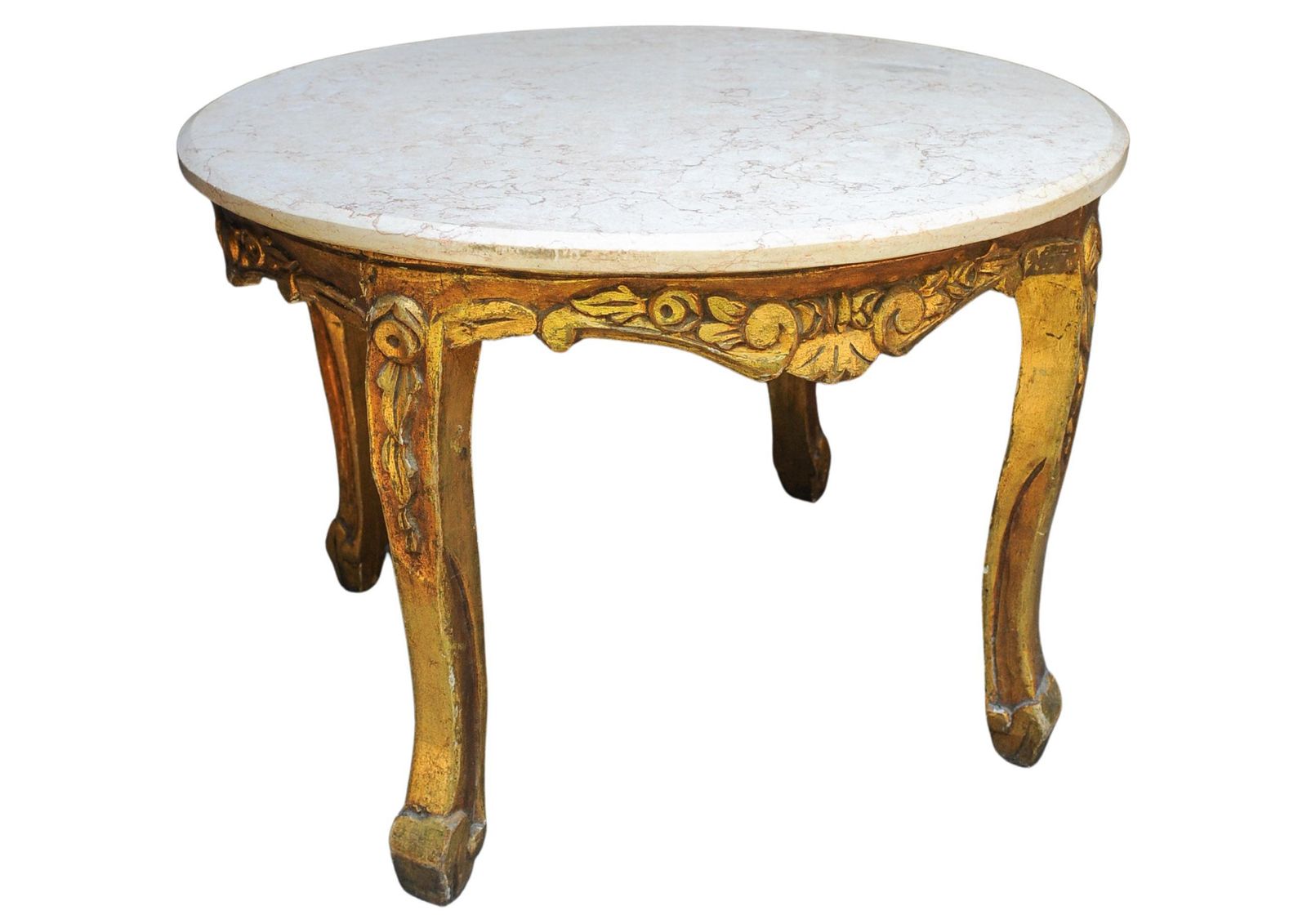 French 19th Century Giltwood & Veined Marble Topped Circular Salon Table In The Baroque Revival Style photo vinterior
