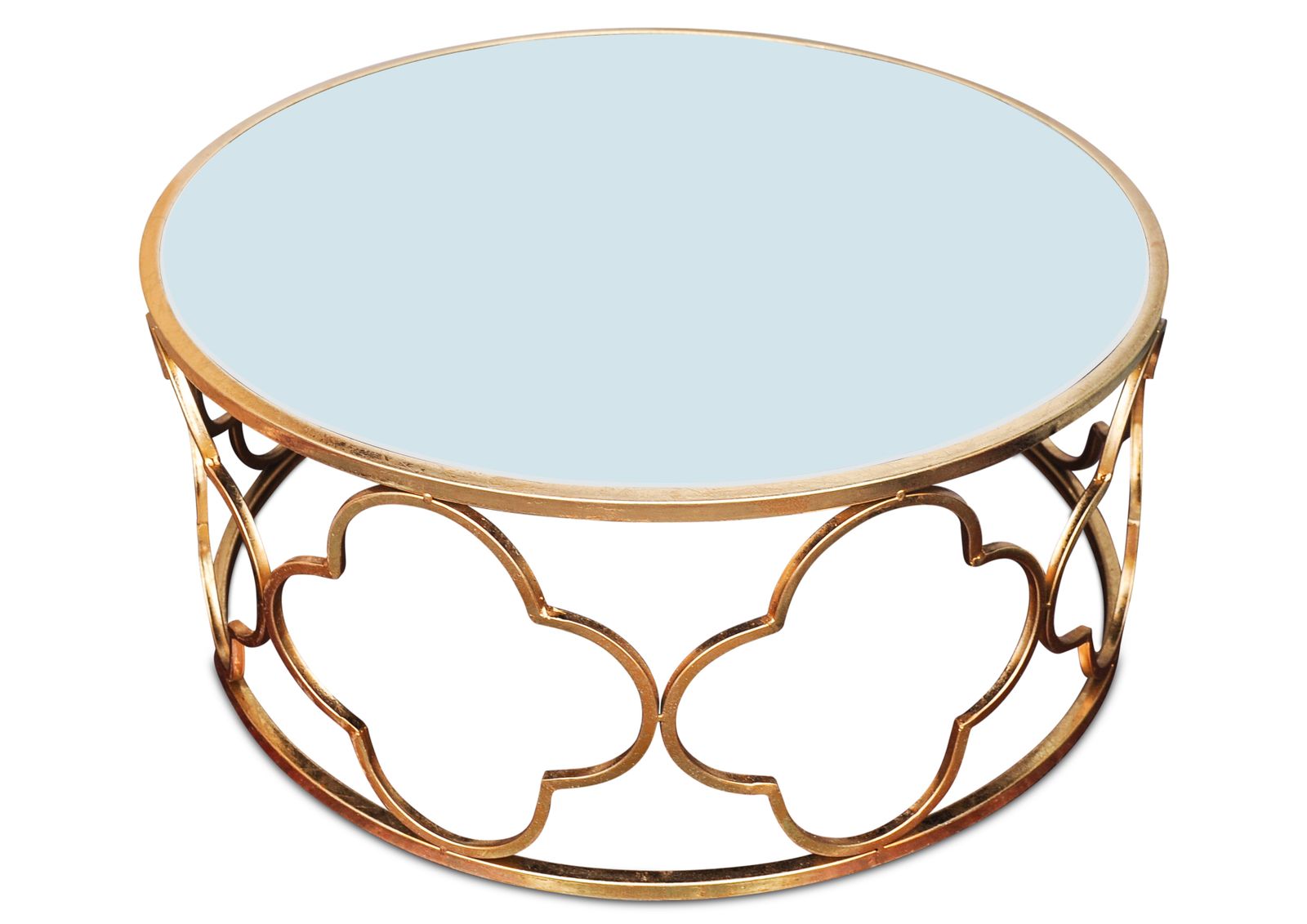 A Hollywood Regency Alhambra Design Gilt Metal & Mirrored Circular Cocktail Table photo for sale