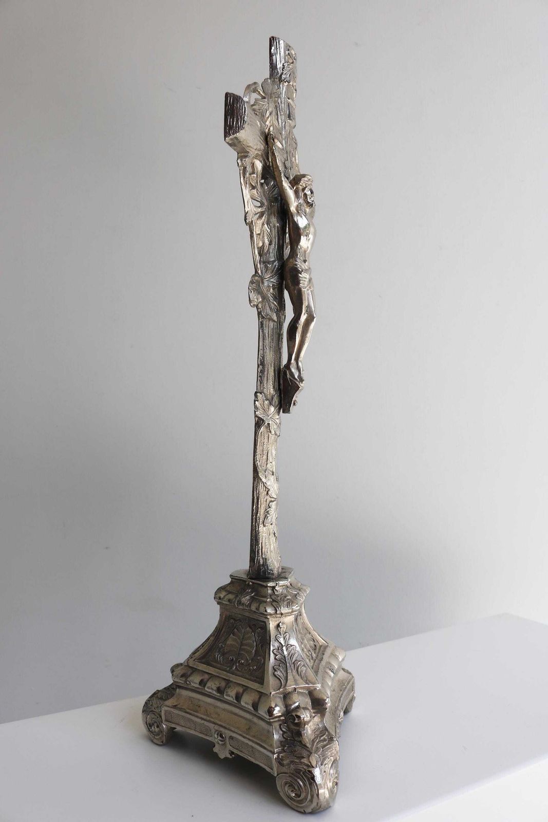 Antique Standing Spelter Altar Crucifix Cross– Foliage & Scroll Base Silver Colored French Ca. 1920s photo 409.0