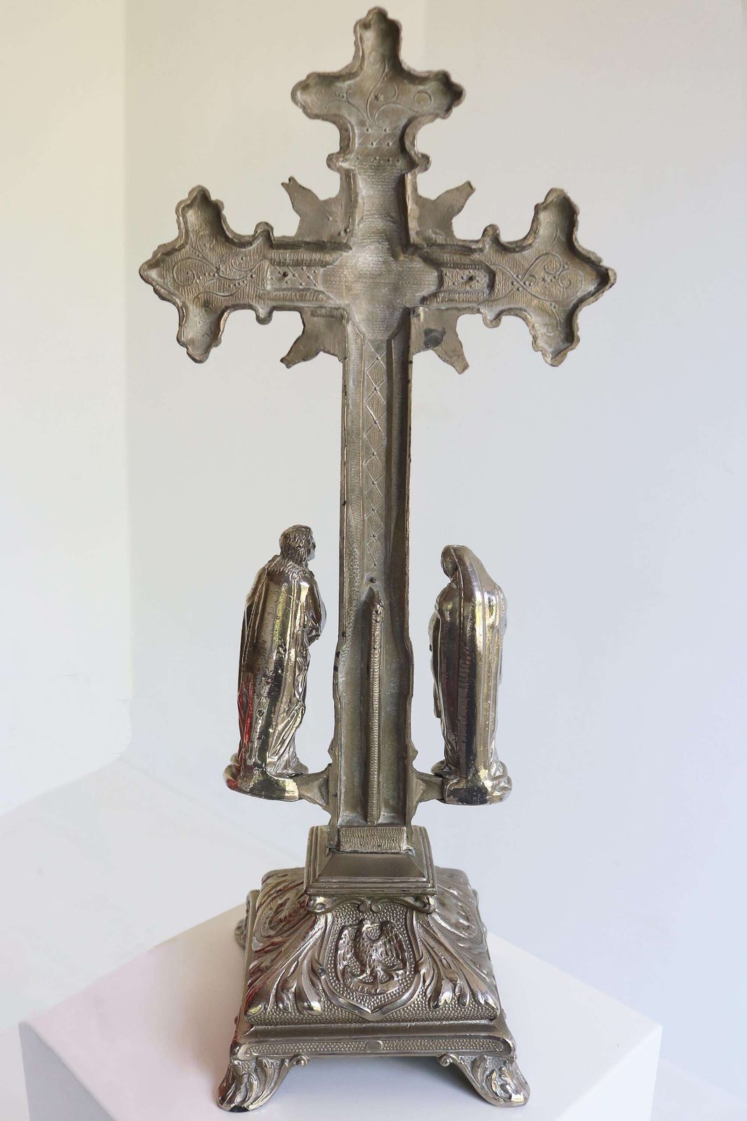Antiek Frans Altaarkruis Op Voet – Spelter Kruis In Barokstijl Met De Vier Evangelisten, Jaren 1920 photo vintage