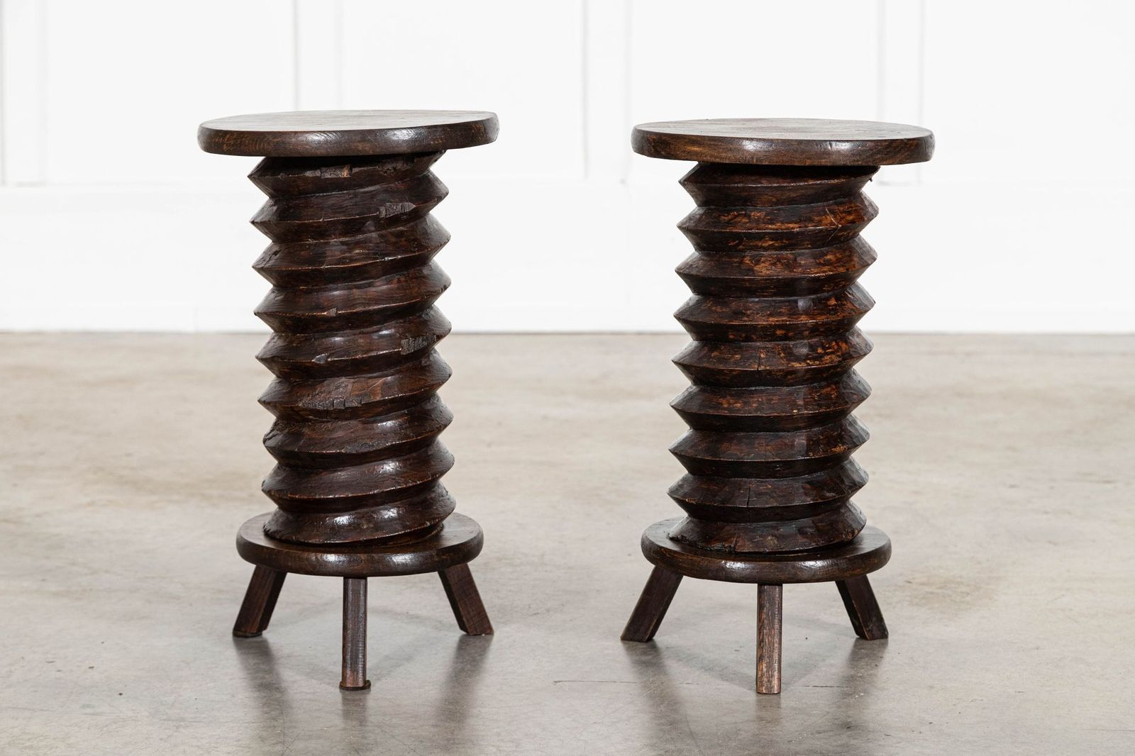 Pair French Elm Corkscrew Side Tables/Plant/Sculpture Stands photo vintage