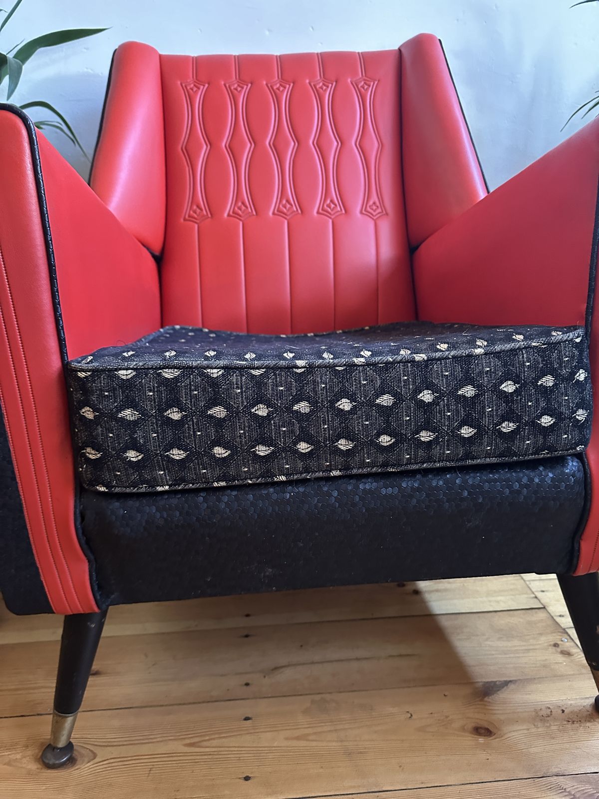 Vintage Mid Century Red & Black Vinyl Sofa & 2 Chairs 3 Piece Suite 1960s Mcm photo for sale