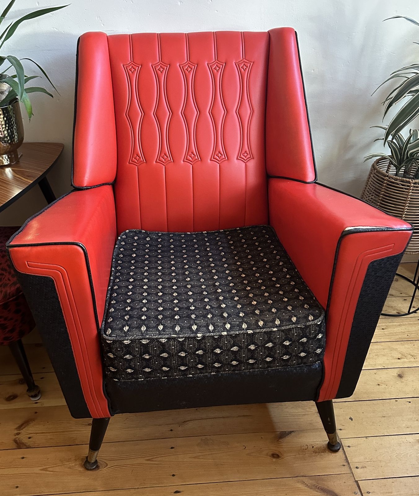 photo for sale Vintage Mid Century Red & Black Vinyl Sofa & 2 Chairs 3 Piece Suite 1960s Mcm