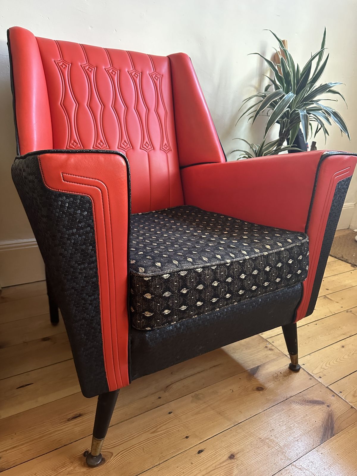 Furniture Vintage Mid Century Red & Black Vinyl Sofa & 2 Chairs 3 Piece Suite 1960s Mcm photo