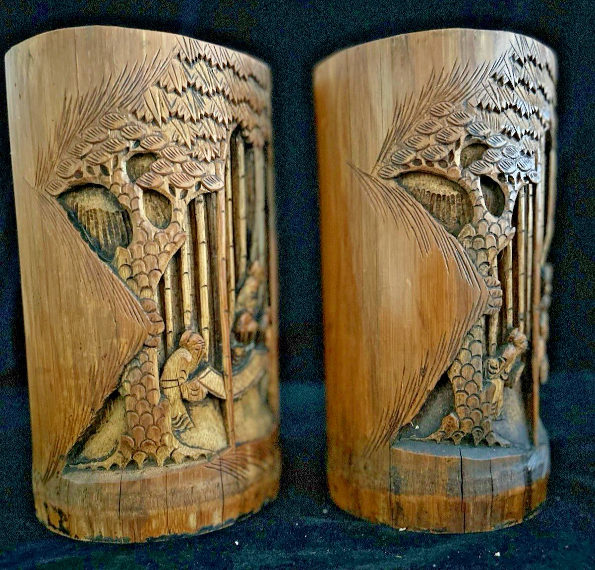 A Pair Large  Antique Carved Bamboo Chinese Brush Pots photo Home Decor