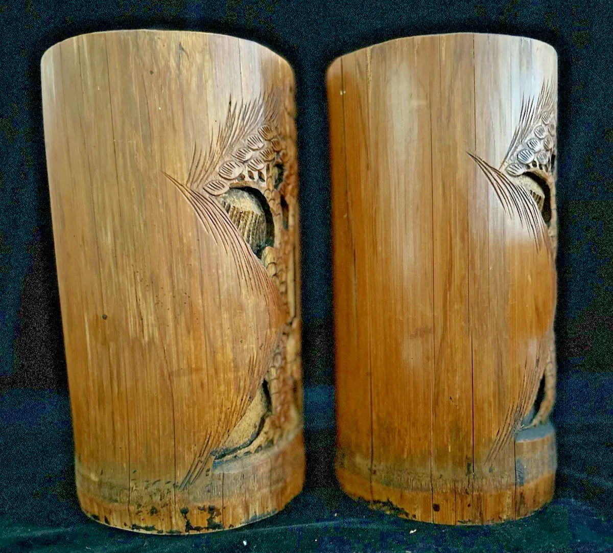 A Pair Large  Antique Carved Bamboo Chinese Brush Pots photo 70.0