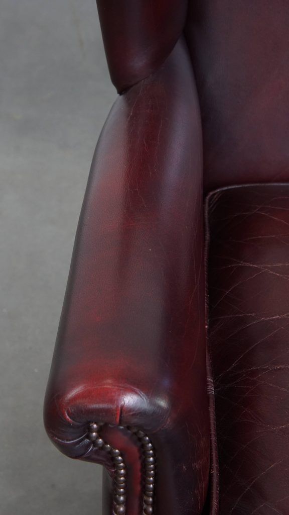 Set Of 2 Beautiful And Comfortable Burgundy Red Cowhide Wing Chairs In English Style With A Beautiful Patina photo vintage