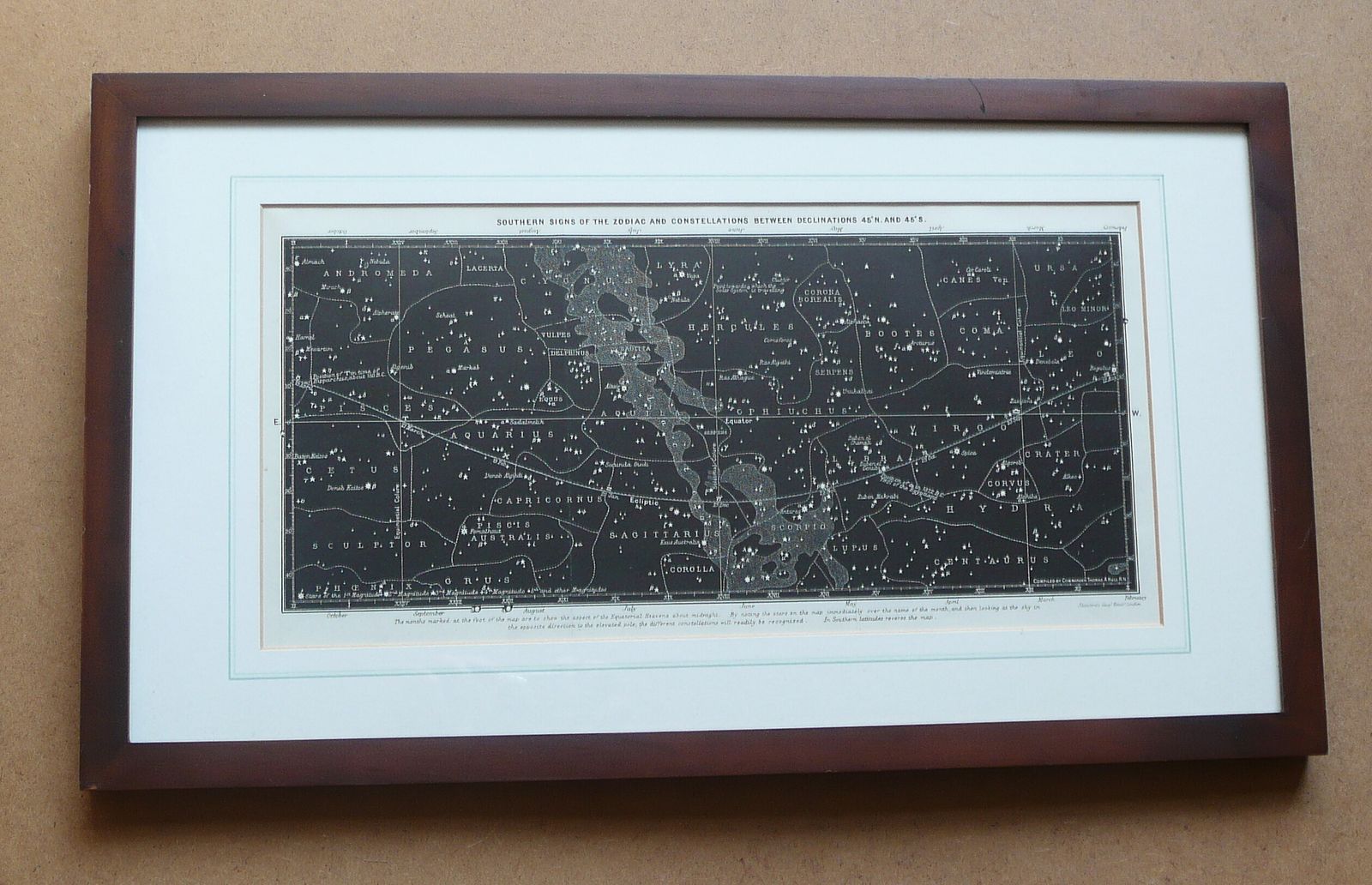 A Framed Late 19th Century Print Southern Signs Of The Zodiac And Constellations Between Declinations 45n. And 45s  By Edward Stanford