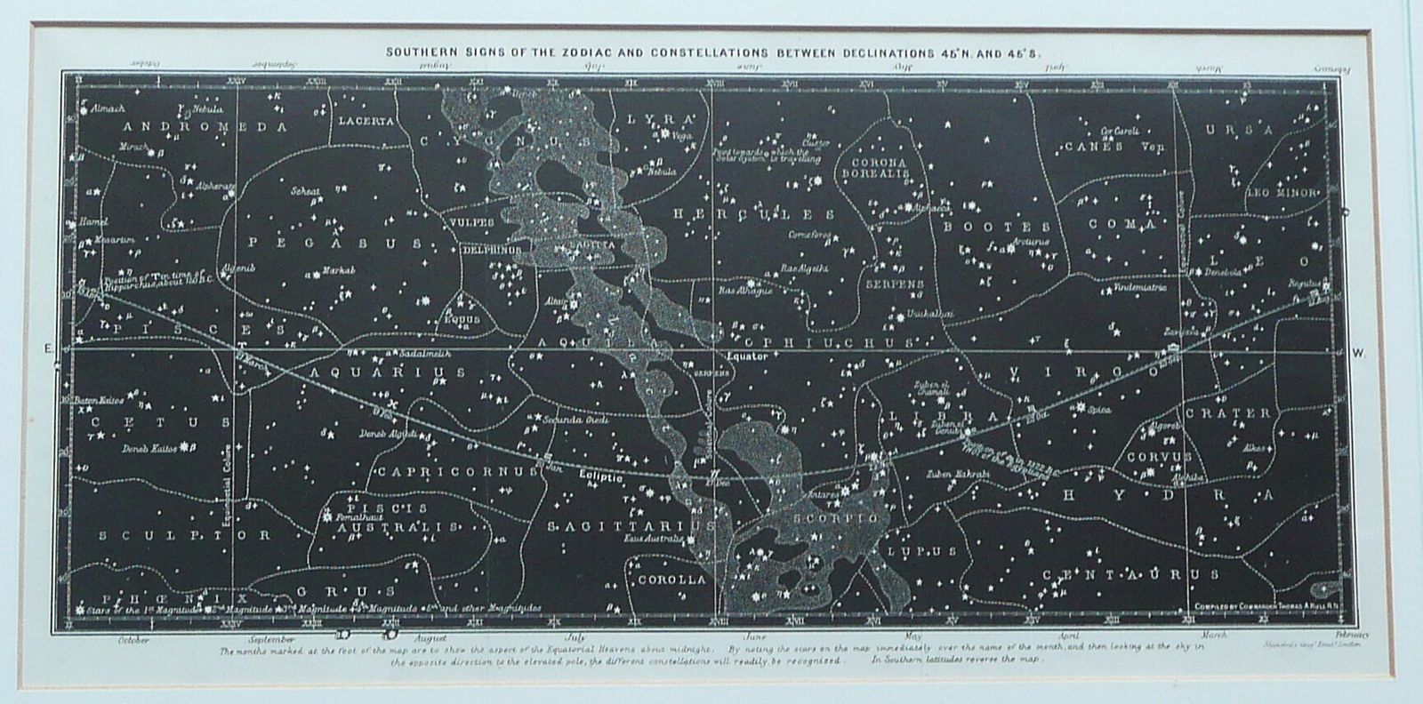 A Framed Late 19th Century Print Southern Signs Of The Zodiac And Constellations Between Declinations 45n. And 45s  By Edward Stanford photo Art
