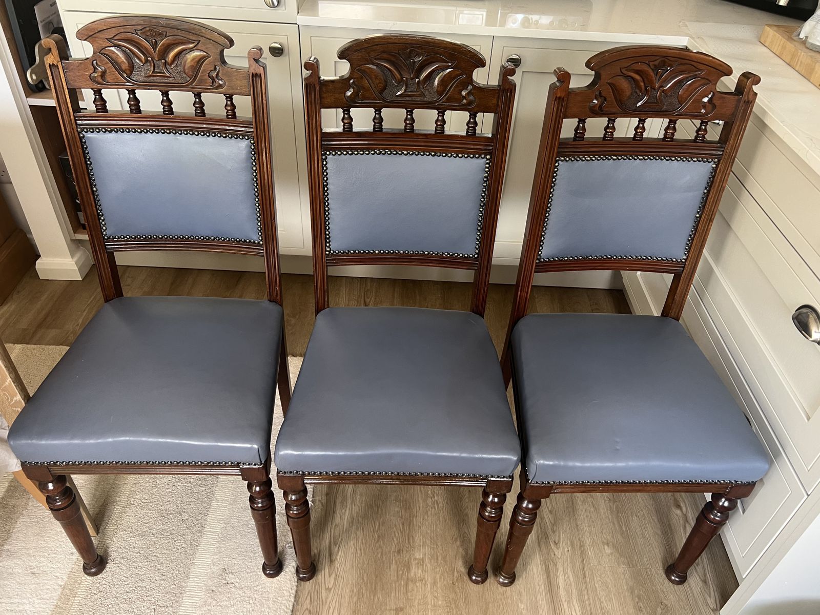 3 Edwardian Mahogany Dining Chairs, Reupholstered In Blue Leather. Can Split And Sell 1 Or 2.