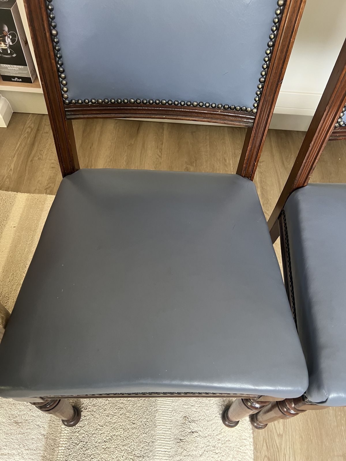 3 Edwardian Mahogany Dining Chairs, Reupholstered In Blue Leather. Can Split And Sell 1 Or 2. photo Furniture