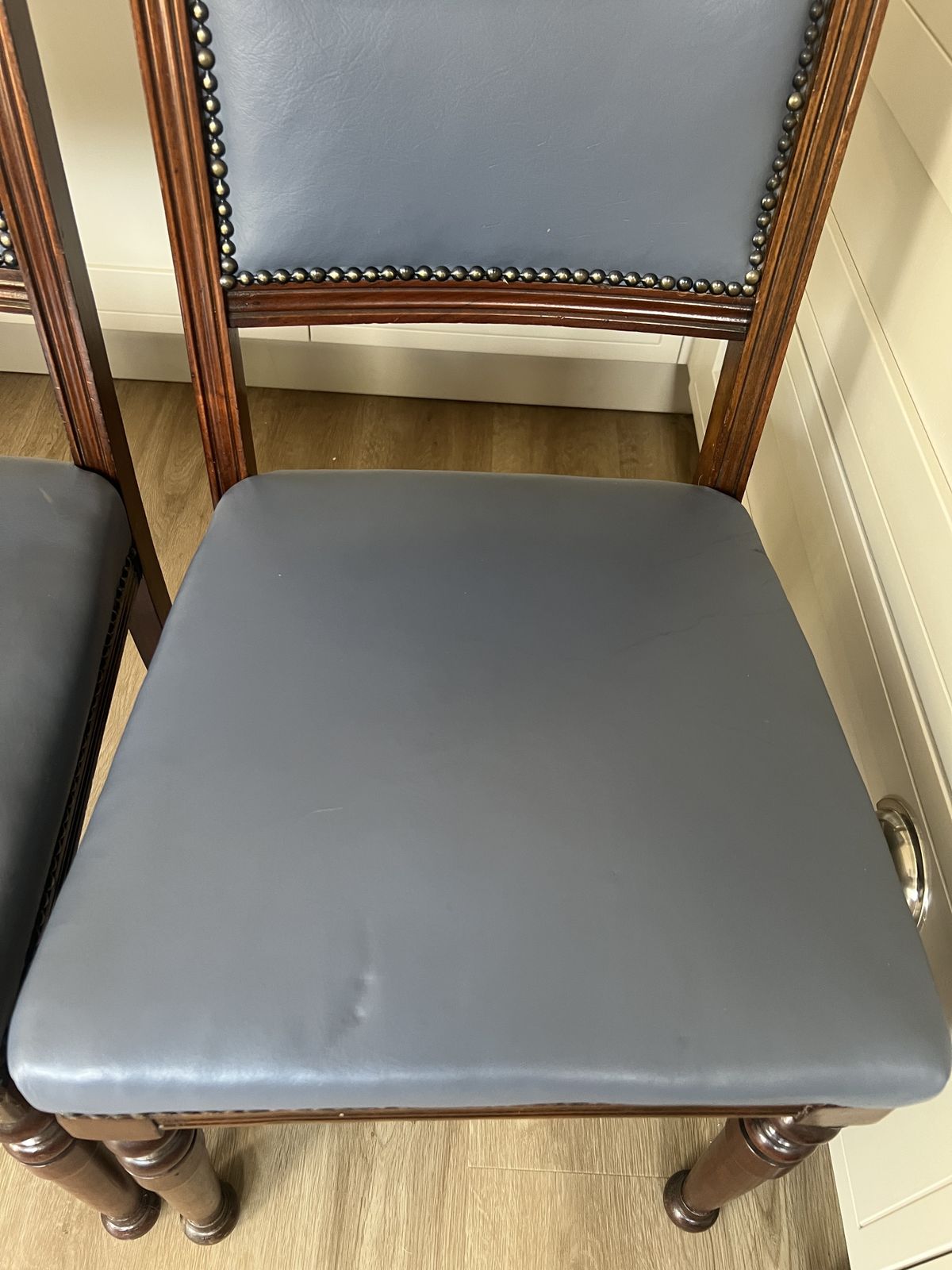 3 Edwardian Mahogany Dining Chairs, Reupholstered In Blue Leather. Can Split And Sell 1 Or 2. photo 195.0