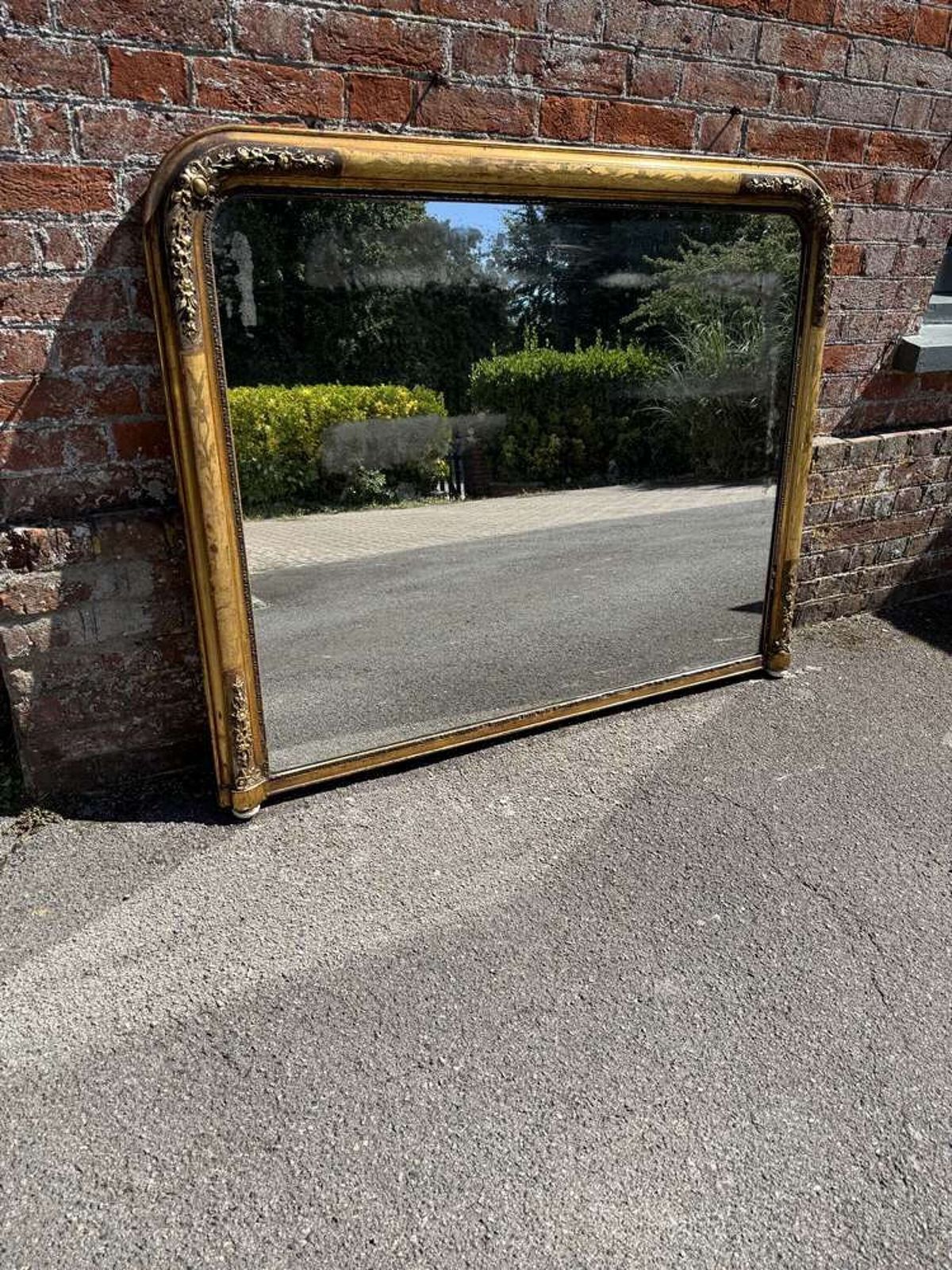A Stunning Large Antique English 19th C Arched Top Etched Gilt Framed Overmantle Mirror.