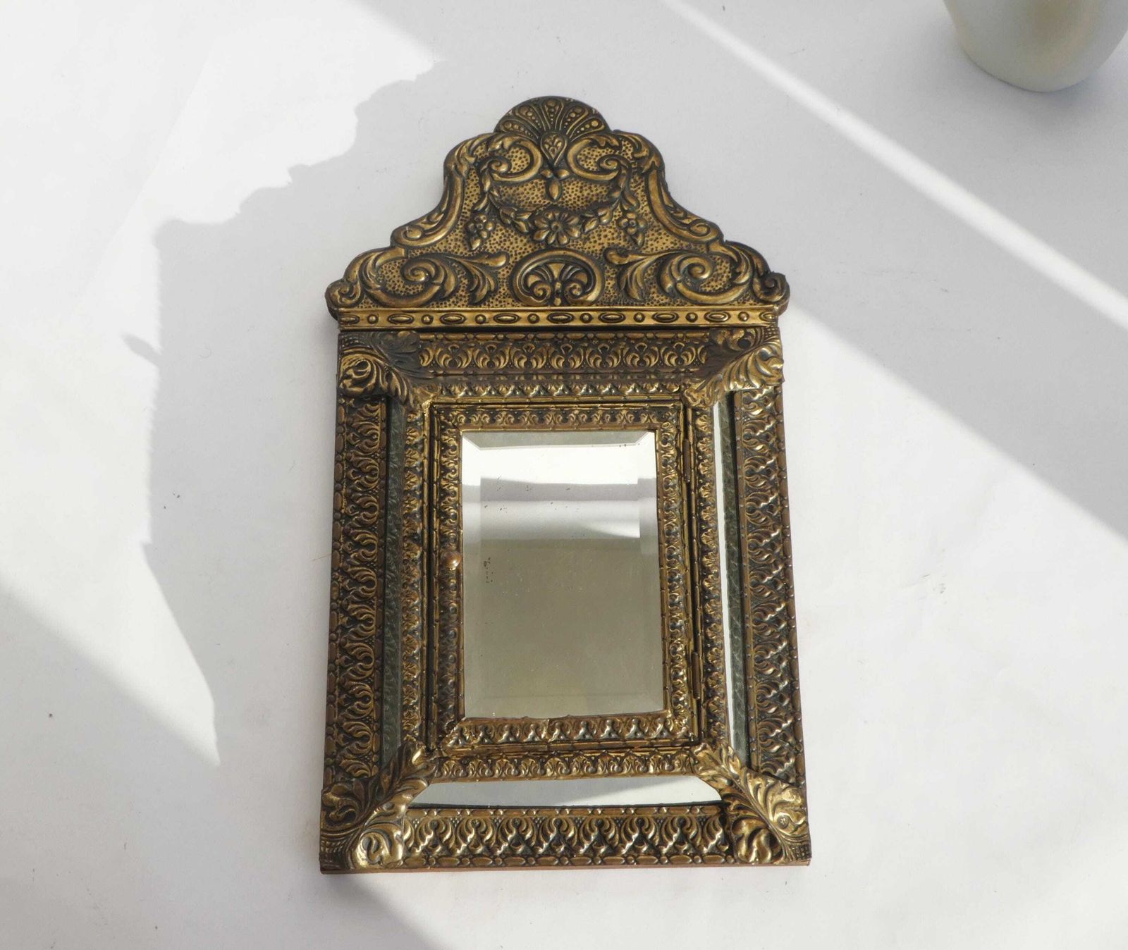 Antique Dutch Brass Wall Cabinet With Mirrors, Small Ornate Repousse Cabinet, Wall Hanging photo for sale