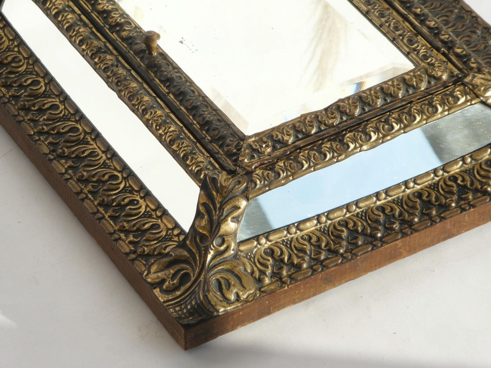 Antique Dutch Brass Wall Cabinet With Mirrors, Small Ornate Repousse Cabinet, Wall Hanging photo buy