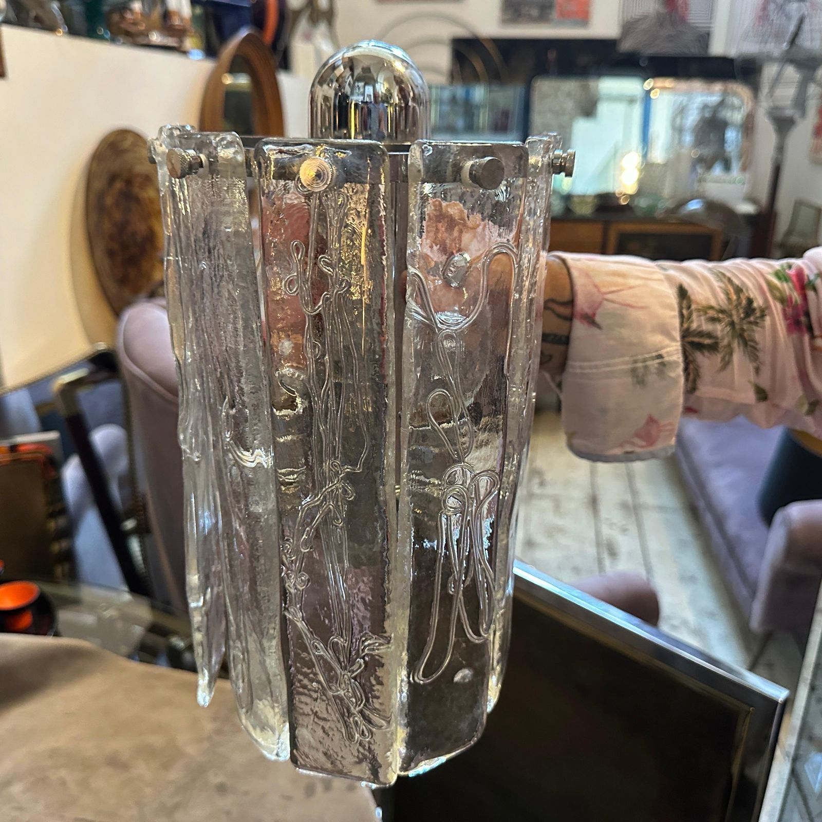 photo for sale Two 1970s Space Age Murano Glass And Steel Wall Sconces By La Murrina