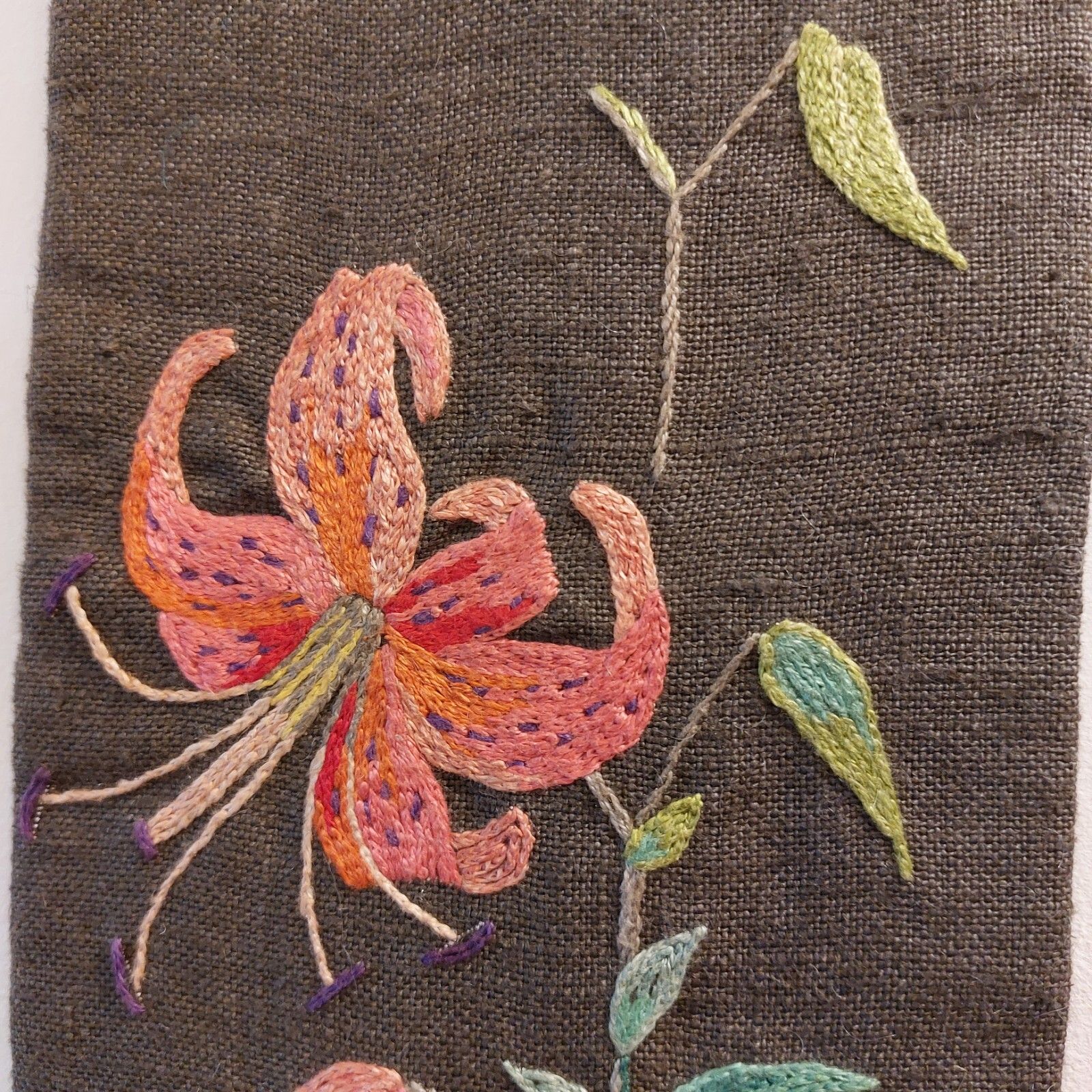 Fab Vintage Swedish Hanging Embroidery Wall Art Brown & Orange Martagon Lily photo Art
