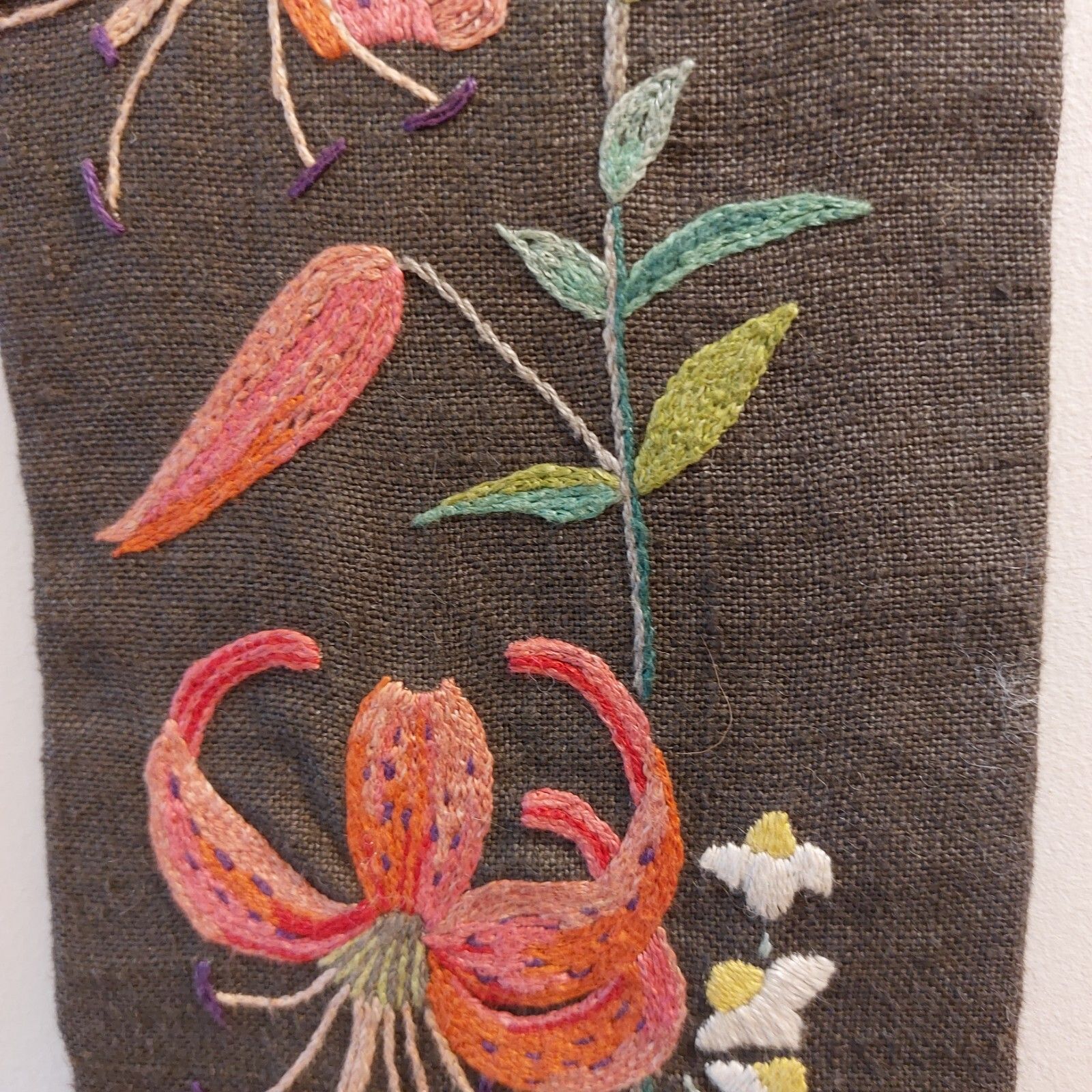 Fab Vintage Swedish Hanging Embroidery Wall Art Brown & Orange Martagon Lily photo 150.0