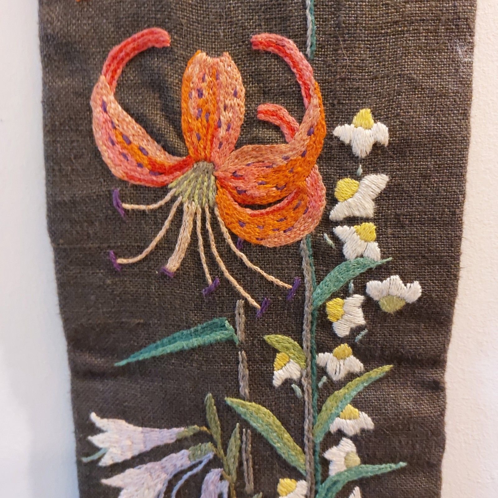 Fab Vintage Swedish Hanging Embroidery Wall Art Brown & Orange Martagon Lily photo vinterior