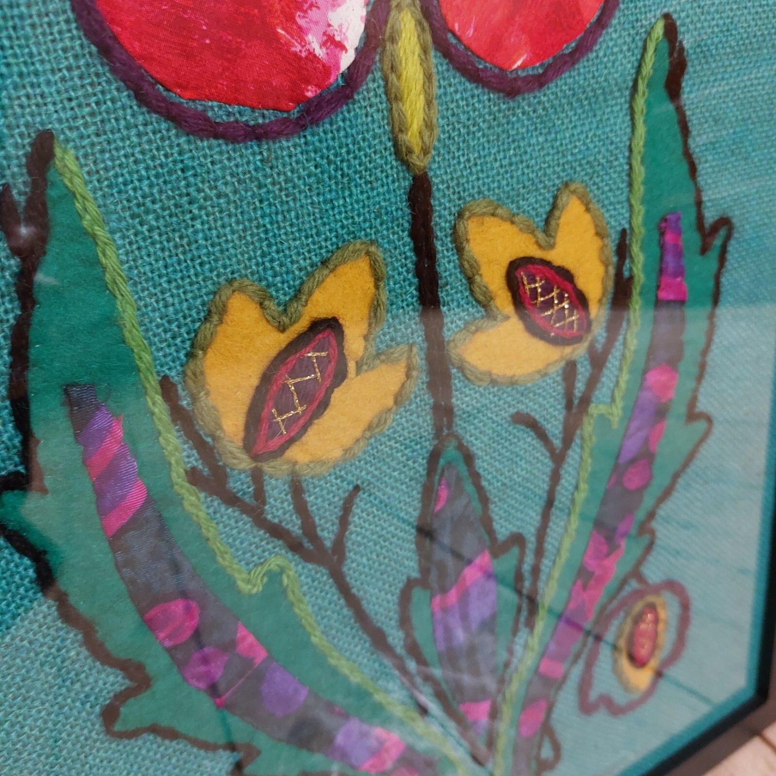Fab Vintage Retro 60s 70s Embroidery Stitch Sewn Red Flower Wall Art Picture photo 100.0