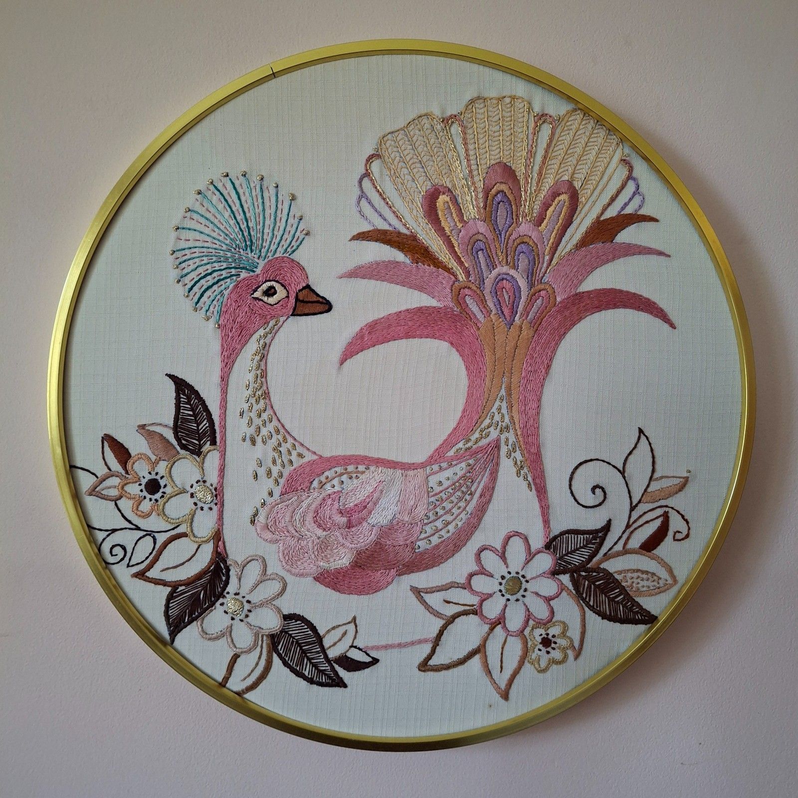 Fab Vintage Retro 70s Embroidery Stitch Sewn Fire Bird Peacock Wall Art Picture photo for sale