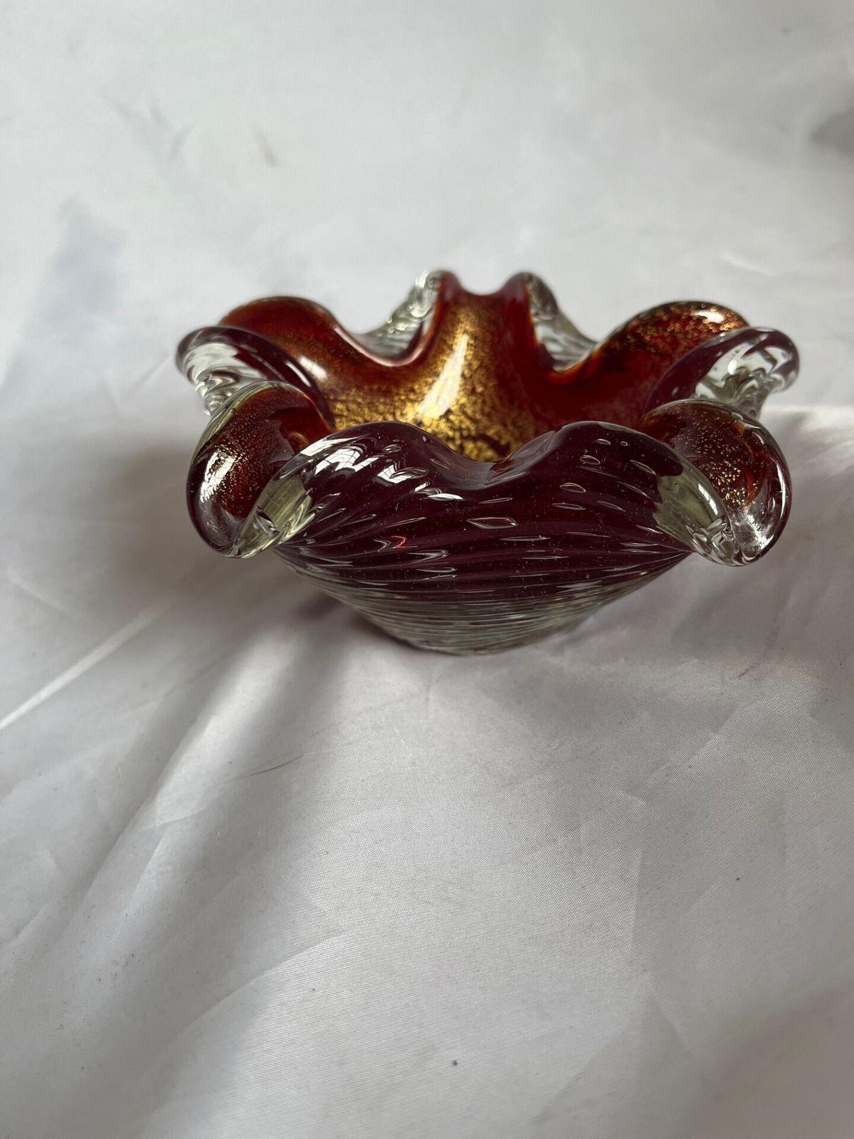 Murano Barovier & Toso 1960’s Ruby Red And Gold Fleck Art Glass Bowl Ribbed photo furniture