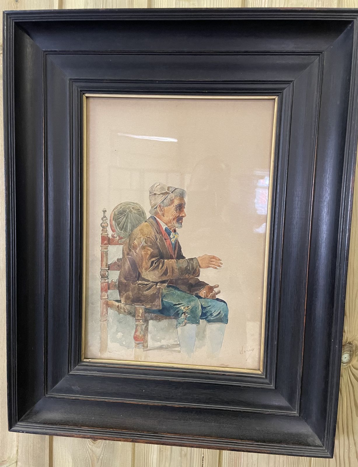 Framed Water Colour By Vincenzo Loria Depicting A Man Sat In A Chair