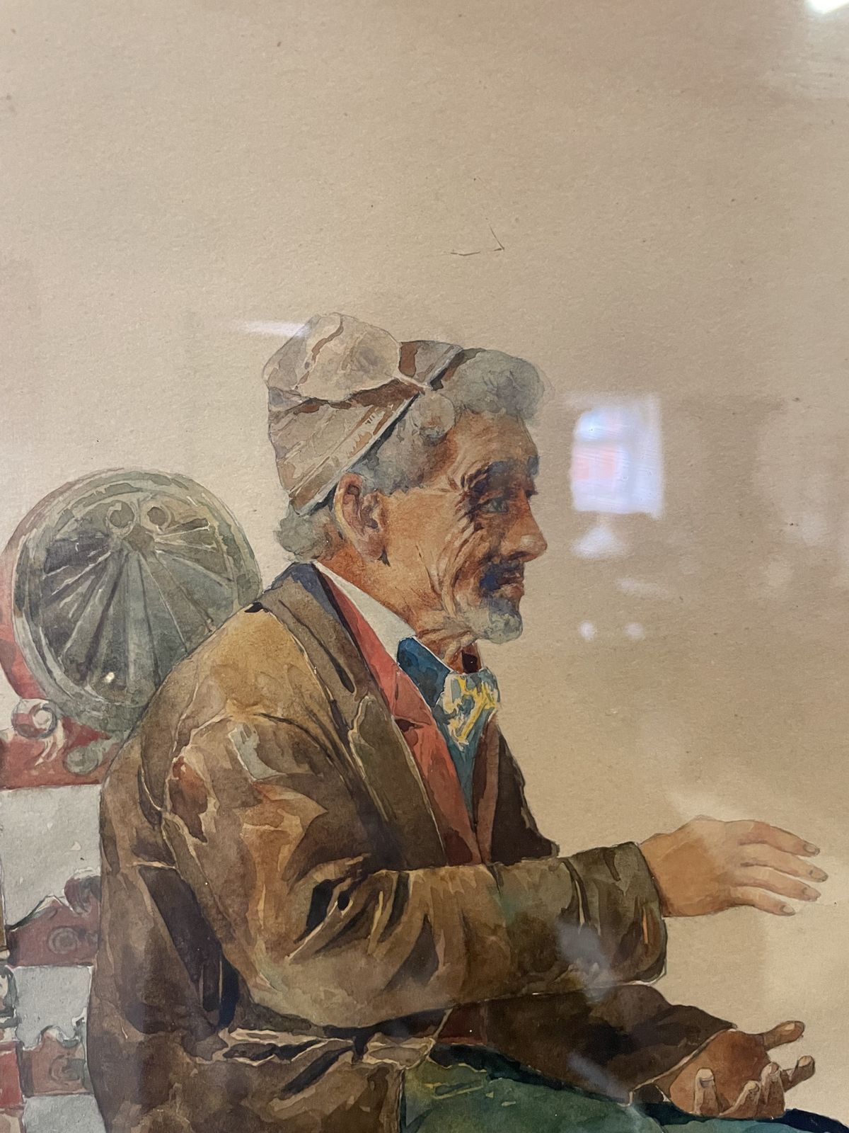 Framed Water Colour By Vincenzo Loria Depicting A Man Sat In A Chair photo for sale